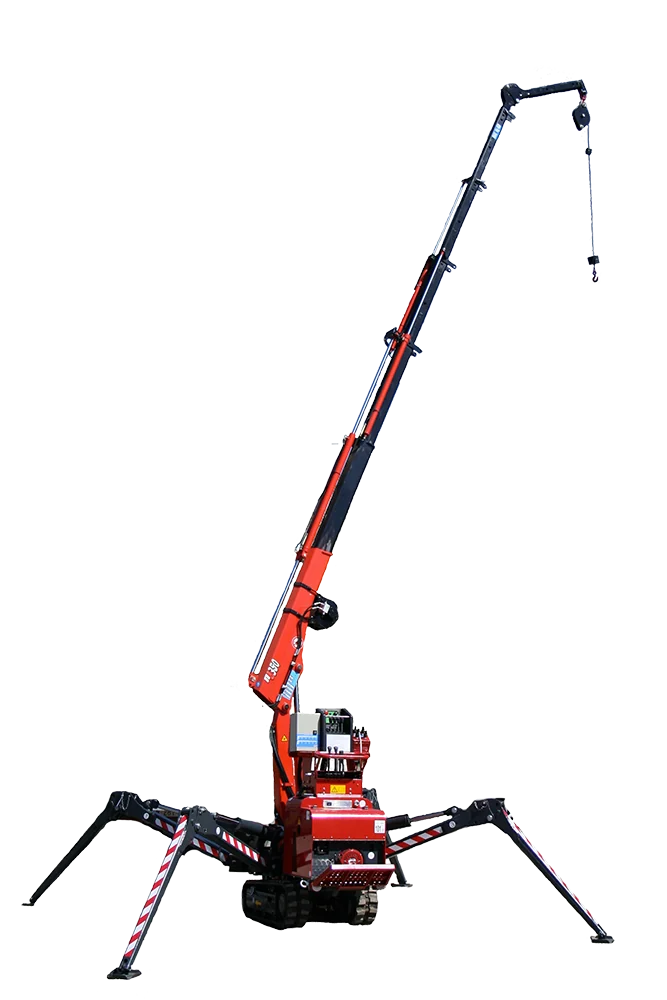 Mini-grue araignée 380-E4 Spider vue de profil, flèche levée et stabilisateurs déployés